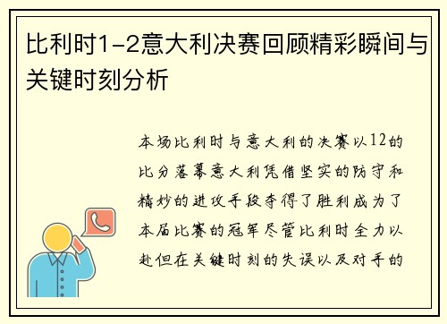 比利时1-2意大利决赛回顾精彩瞬间与关键时刻分析